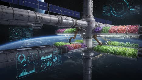 futuristic space agriculture: advanced hydroponic systems nurturing crops in orbit, showcasing green technology with a view of earth in the background
