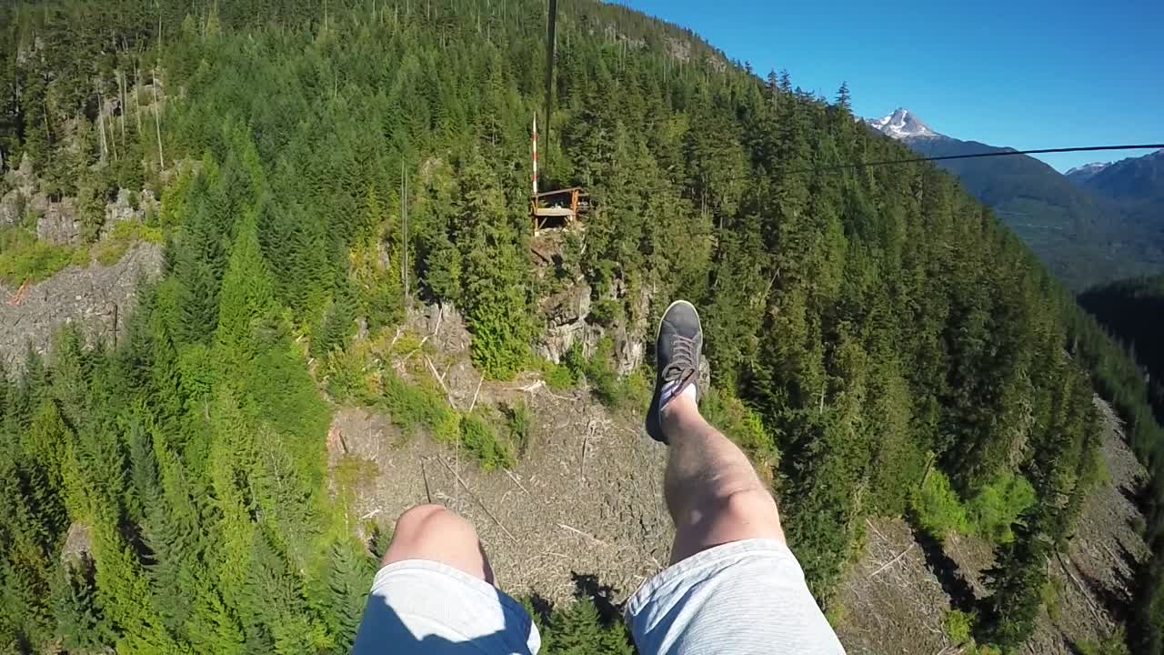 POV Zipline Male Flying Over Whistler Canada in Summer in Super Slow Motion