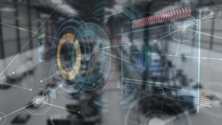 Animazione di schermo digitale con dati diversi e cerchio di elaborazione su magazzino sfocato