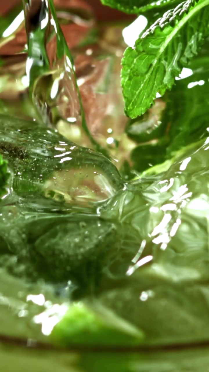Vettä kaatamassa virkistävään Mojito-cocktailiin jään, limen ja mintun kera