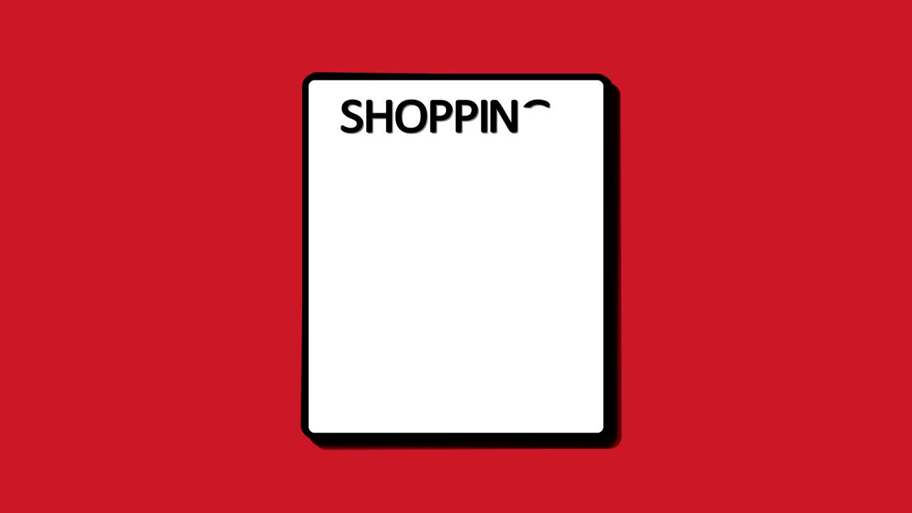 체크 박스를 가진 쇼핑 리스트 종이 안과 밖의 애니메이션 루프 빨간색