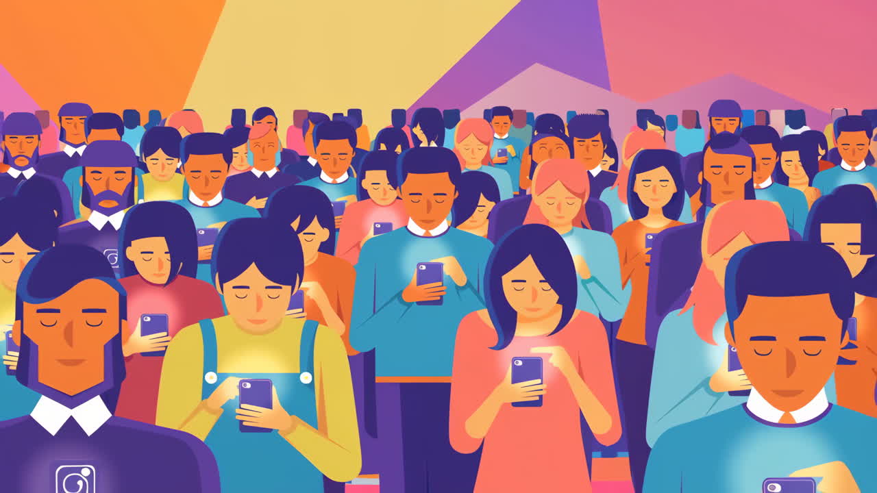 Crowd of people absorbed in their smartphones