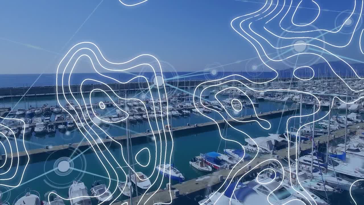 연결 네트워크와 배경의 항구에 대한  ⁇ 색 지도 선의 애니메이션