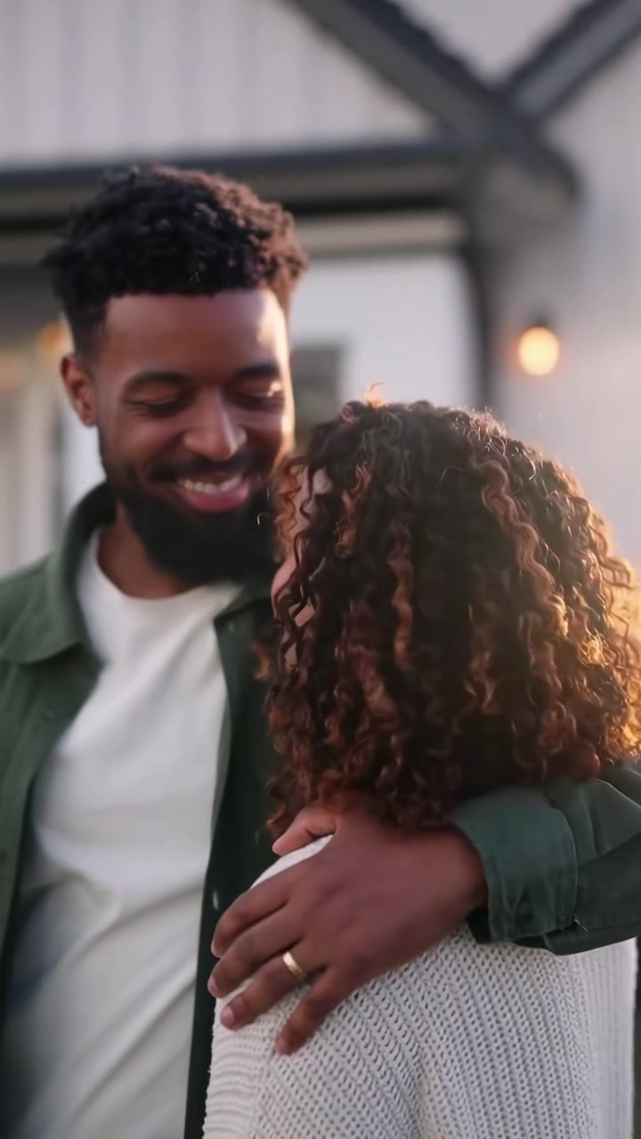 Happy Couple Embracing Outside Their Home at Sunset