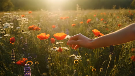 hand gently touching poppies in a sunlit wildflower meadow