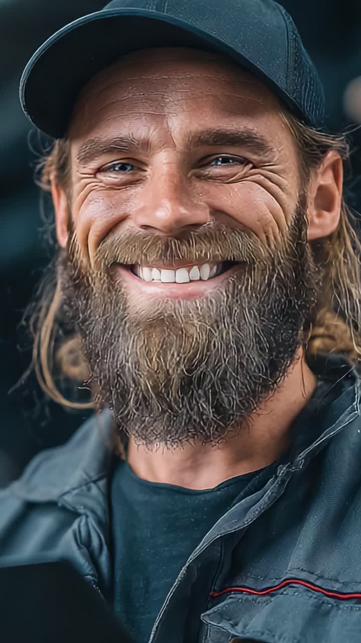 A beaming craftsman with a cheerful smile, showcasing confidence and warmth in a dynamic work environment, radiating positivity and professionalism