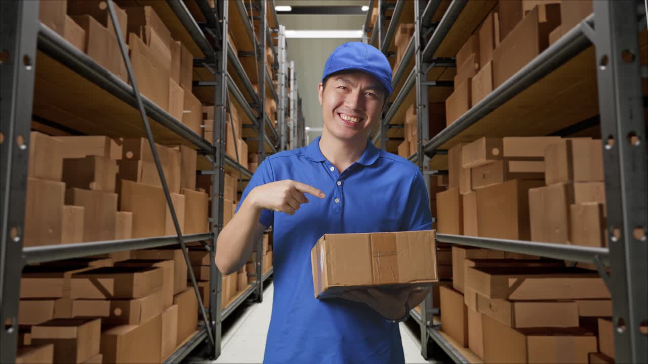 mensajero masculino asiático en uniforme azul sonriendo y señalando un cartón en la mano mientras lo entrega en el almacén