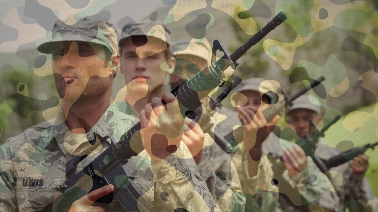 Camouflage background against group of soldiers holding guns