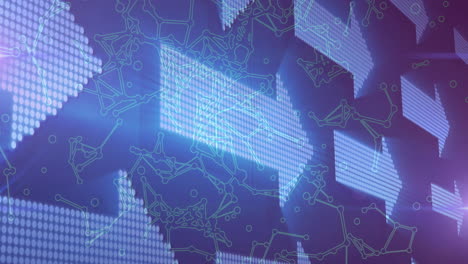 Animation of abstract geometric patterns with digital connections in blue and purple