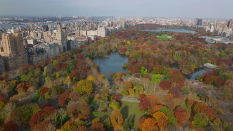 Aerial-panoramic-footage-of-autumn-colour-trees-in-Central-park-surrounded-by-high-rise-buildings.-Piece-of-nature-in-metropolis.-Manhattan,-New-York-City,-USA