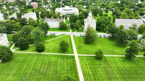 high angle aerial pass over the university campus