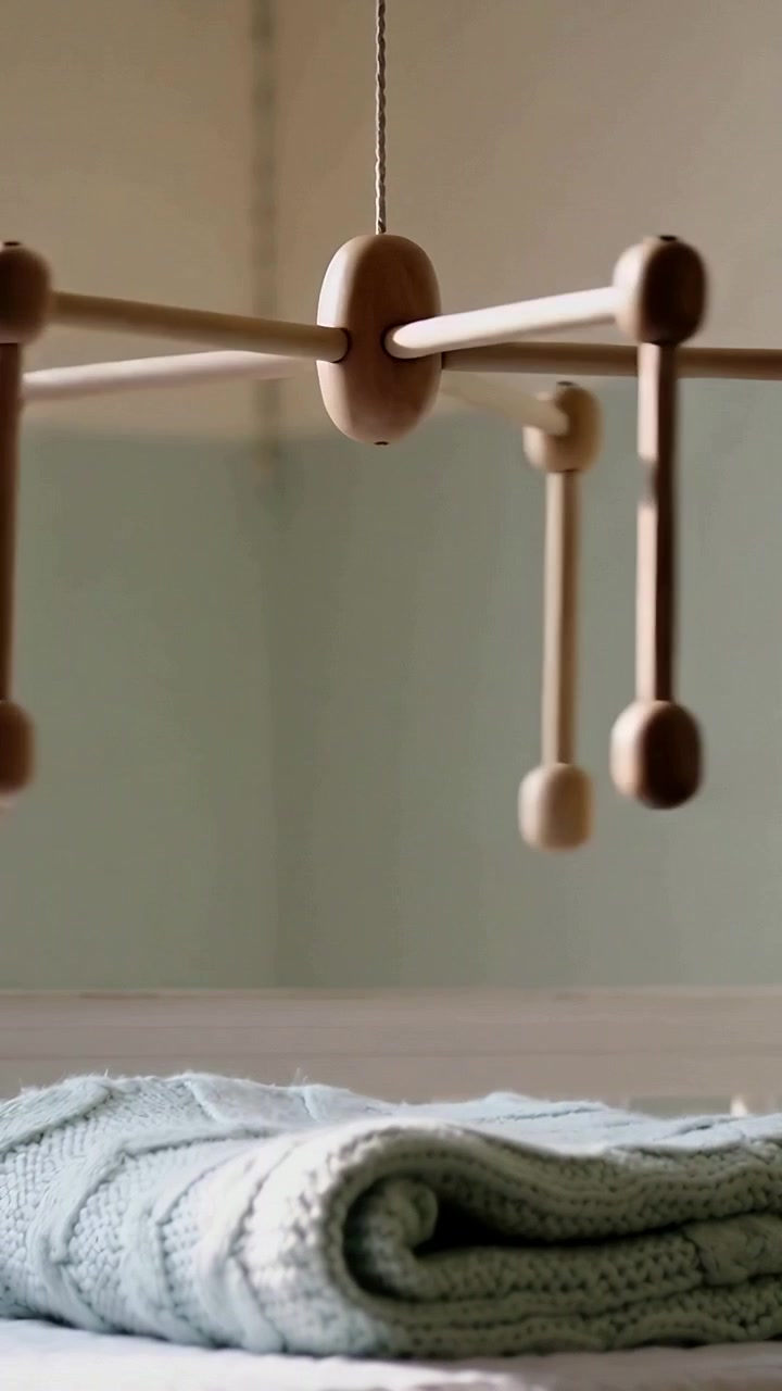 Vertical video: Rotating wooden mobile settling after draft on cord above crib blanket in nursery
