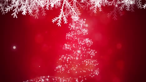 Snowflakes-falling-over-shooting-star-forming-a-christmas-tree-against-red-background