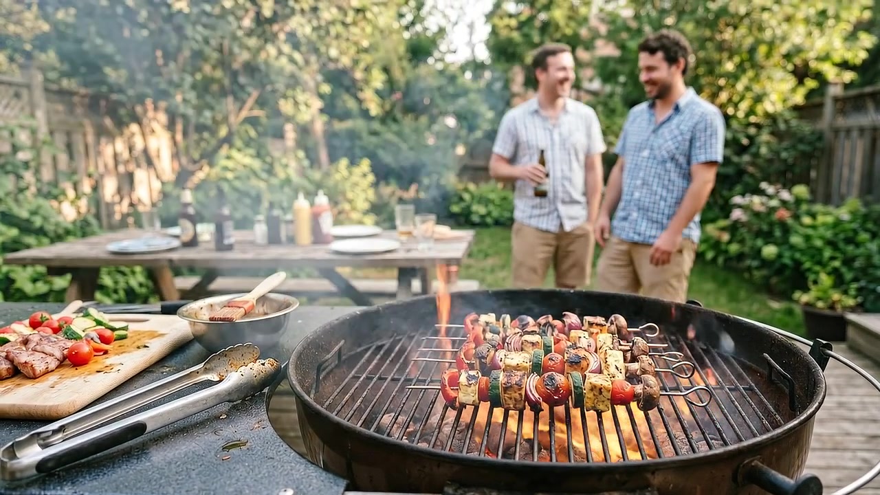 Deliziosi spiedini di carne e verdure che grigliano a una festa barbecue in giardino