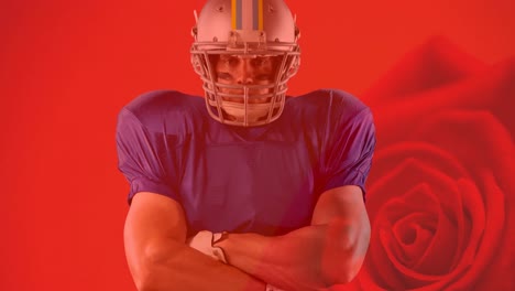 Animation-of-portrait-of-american-football-player-with-arms-crossed-over-red-rose-background