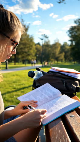 young woman studying a book in a sunny park