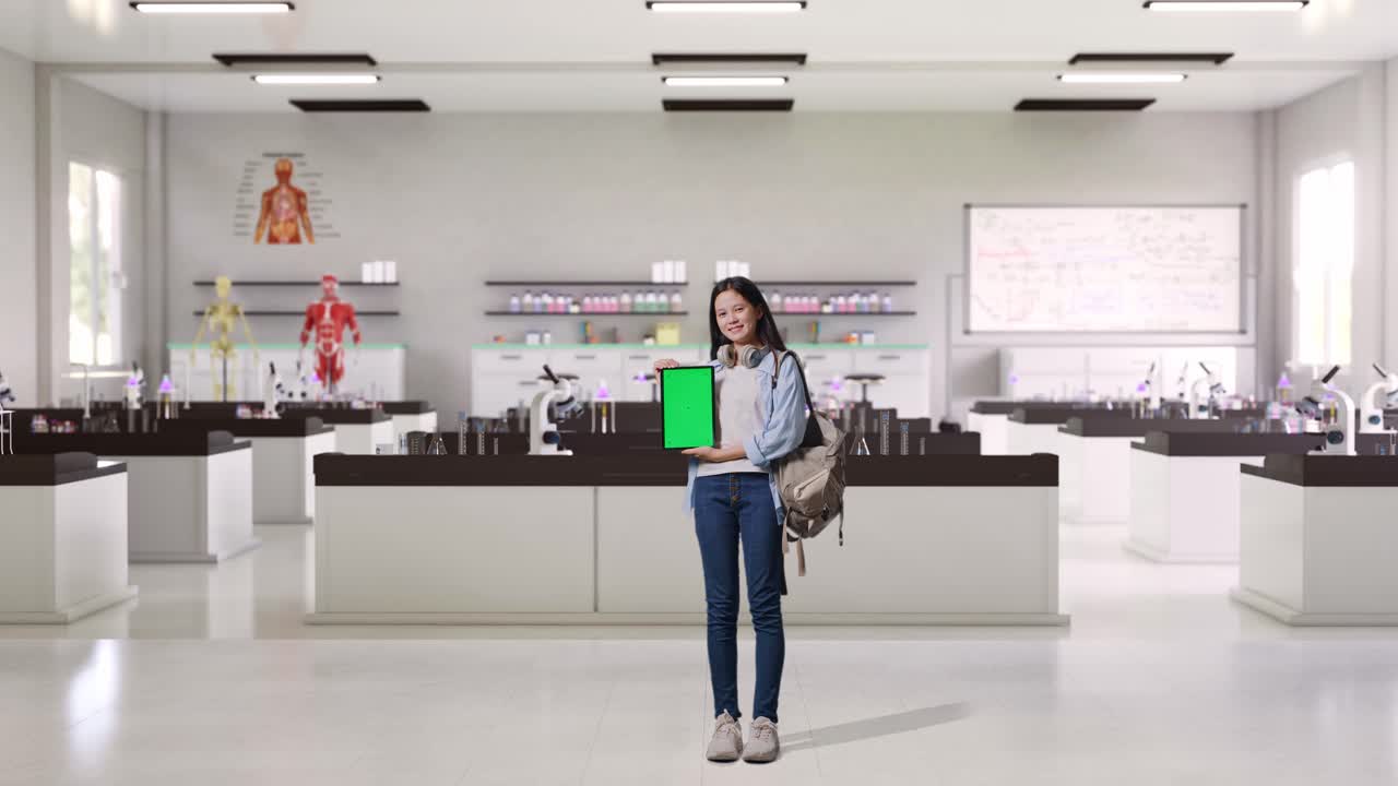 과학 실험실에 서 있는 동안 카메라에 녹색 화면 태블릿을 보여주고 미소 짓는 배을 가진 아시아 십대 소녀 학생의 몸이 가득 차 있습니다.
