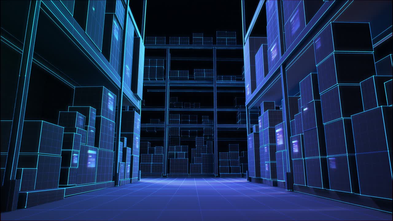 tecnología futurista de digitalización de almacenes minoristas: proceso de industria 4.0 que analiza mercancías, cajas de cartón, infografías de entrega de productos en logística, distribución. gráficos poligonales 3d