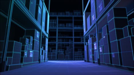 futuristic technology retail warehouse digitalization: industry 4.0 process that analyzes goods, cardboard boxes, products delivery infographics in logistics, distribution. 3d polygonal graphics