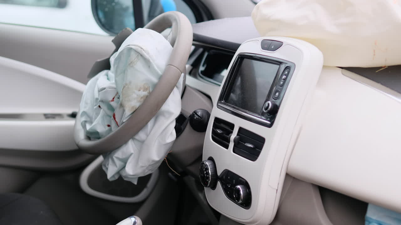 Interior of a crashed in frontal impact electric car. Safety idea