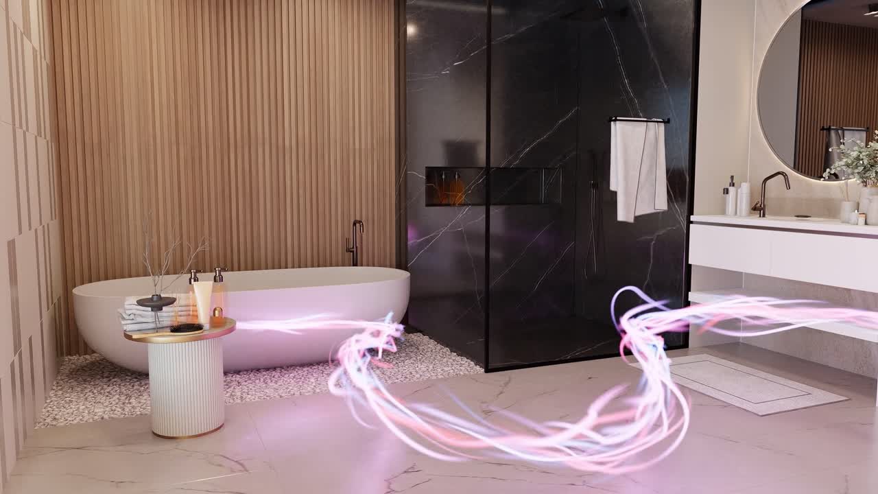 Energiflöde i 3D-renderad animation av modern badrumsinteriörarkitektur.