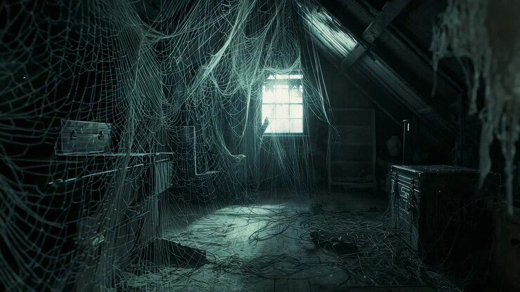 Showing abandoned attic draping cobwebs across rafters, crates, chest under multi-pane window light