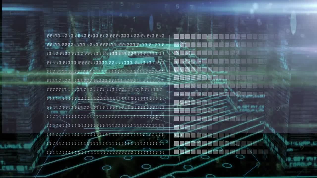 Animation of binary coding, data processing over glowing computer circuit board