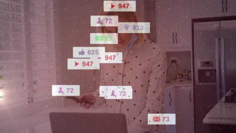 using smartphone with social media animation, woman standing in kitchen