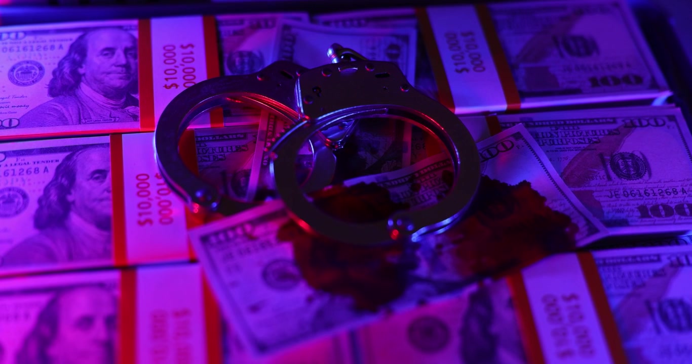 Manette posizionate sopra pile di banconote da un dollaro in una valigia