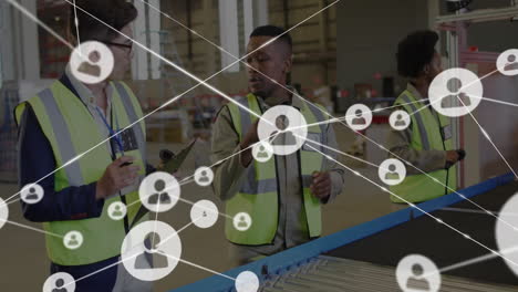 discussing logistics, warehouse workers with network connections animation in background