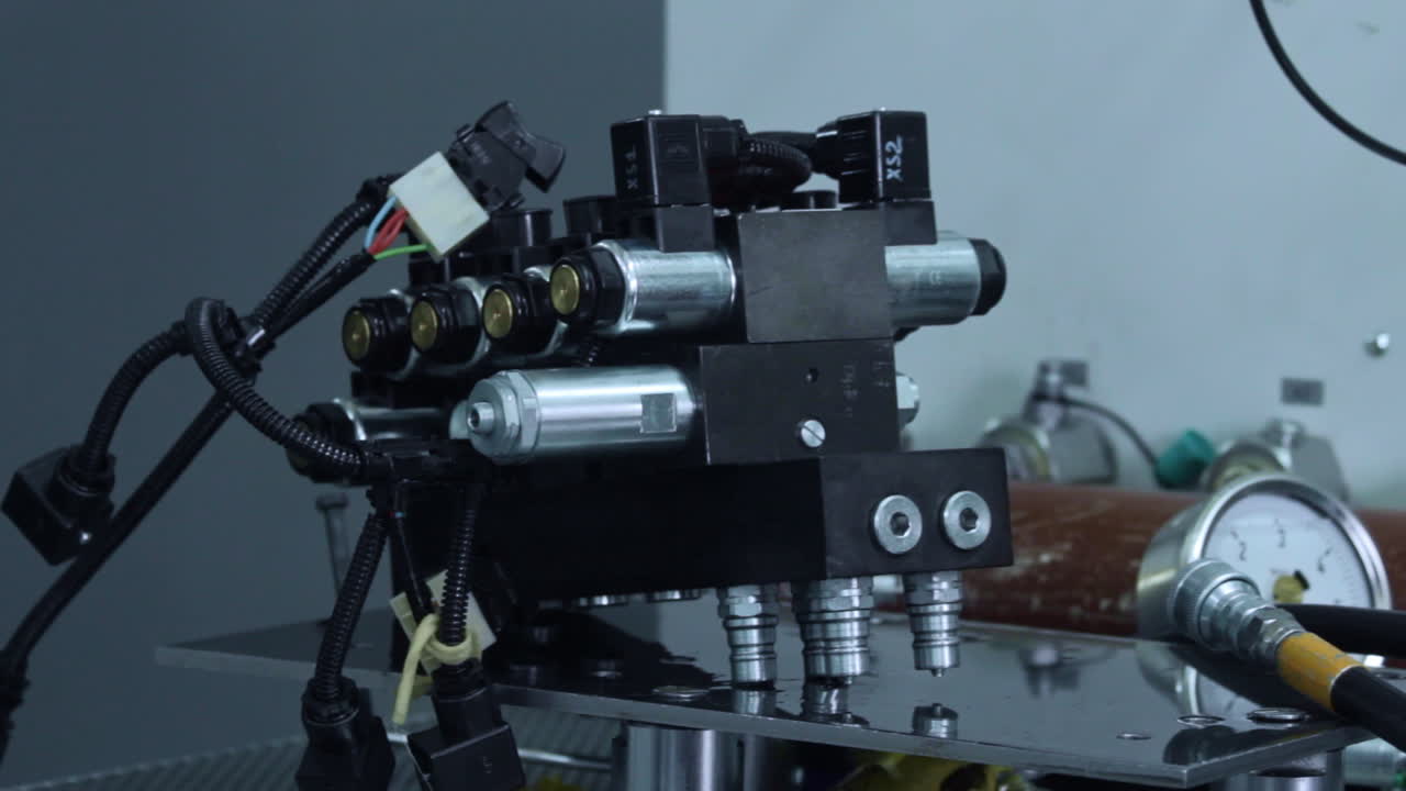 Research scientist setting up unit for inspection in workshop of factory