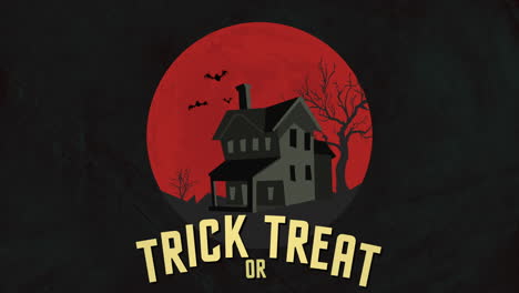 Trick-Or-Treat-with-old-house,-big-red-moon-and-flying-bats-in-night