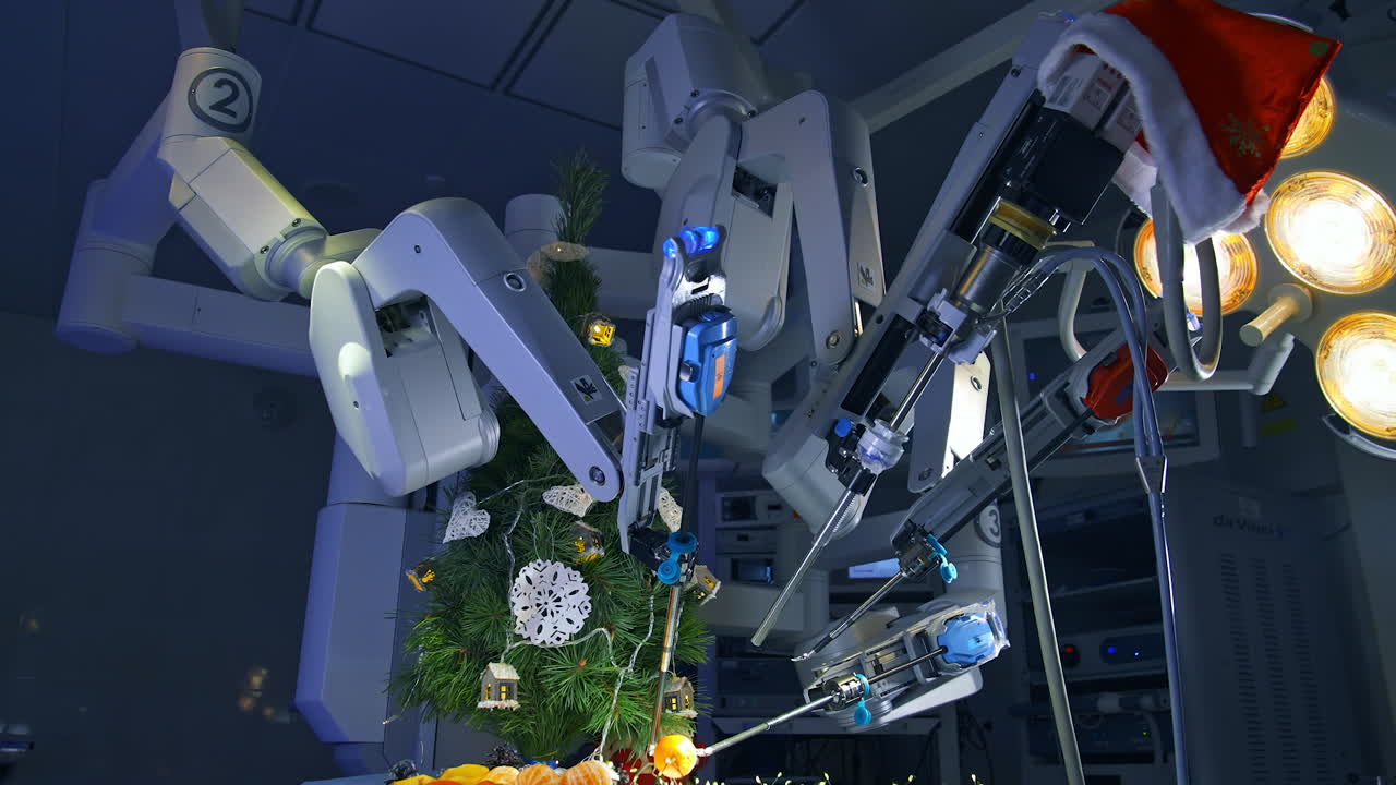 Medical surgical robot arms holding and peeling mandarins. Christmas tree decorated by the robotic surgery machine on the operating table. Surgery room with hi-tech equipment.