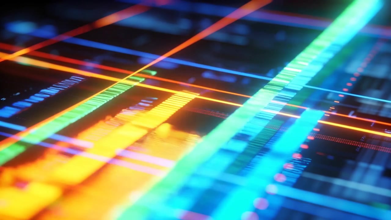 Gliding camera showing cyan and yellow-orange data bars pulsing across grid, visualizing data