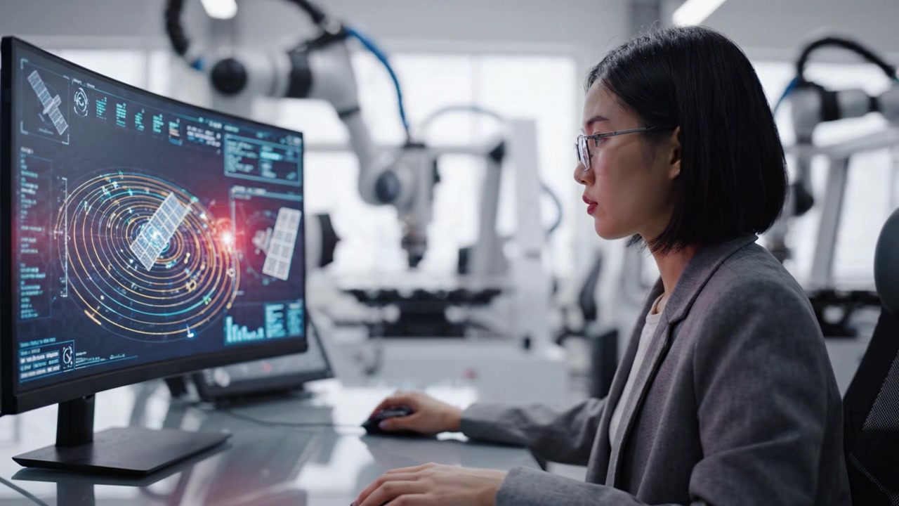 Focused Engineer Analyzing Complex Data Visualizations on a High-Tech Monitor in a Modern Robotics Laboratory Setting