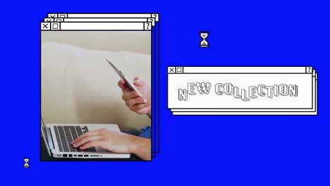 animación del texto de la nueva colección sobre el hombre de negocios caucásico usando una computadora portátil.