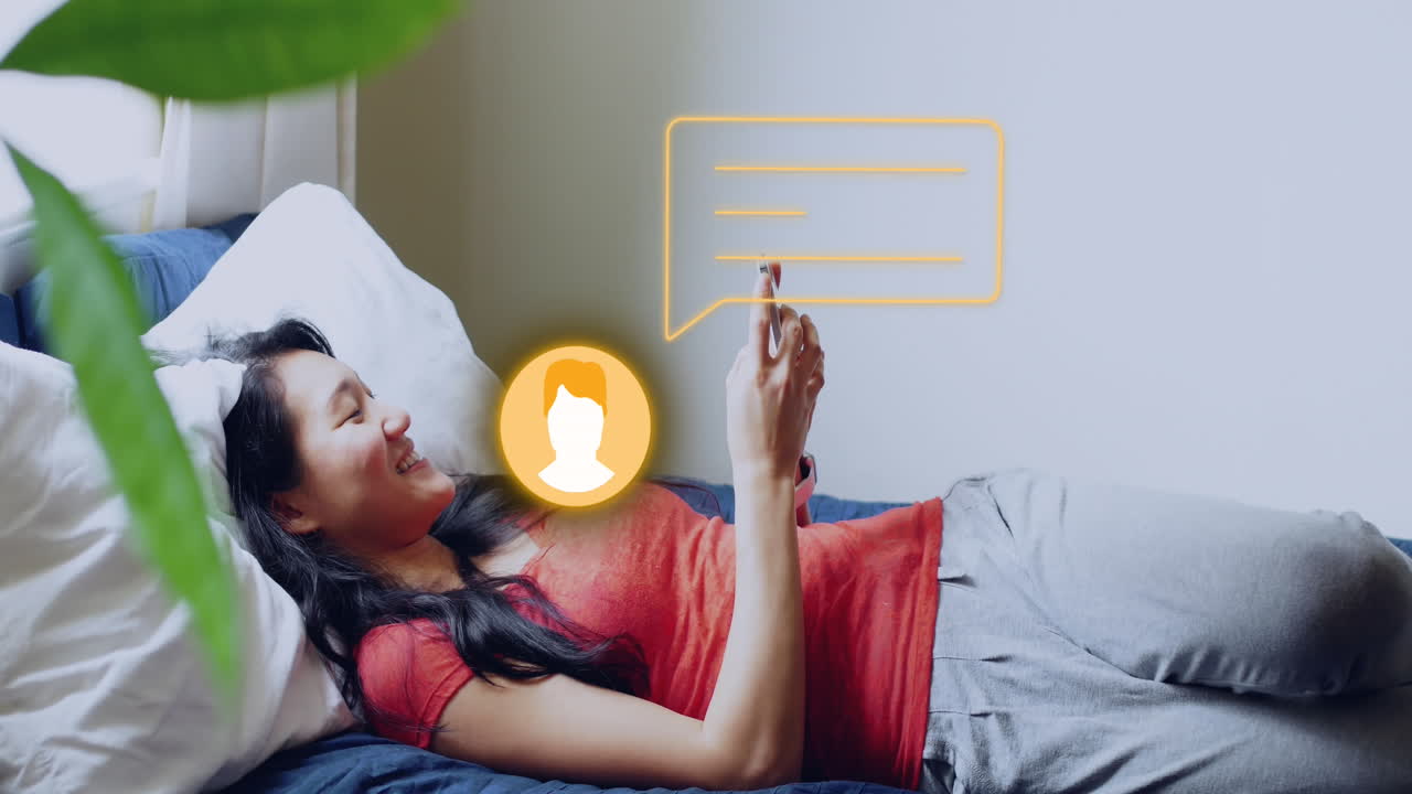 Animation of social media icons and data processing over biracial woman using smartphone