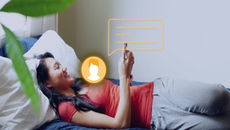 animación de iconos de redes sociales y procesamiento de datos sobre mujeres biraciales que usan teléfonos inteligentes
