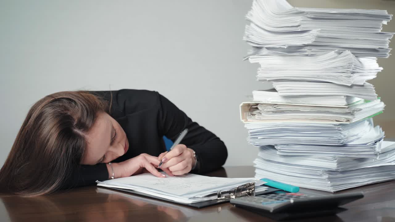 A pile of unfinished documents and files and sad businesswoman doing calculations and making notes in the office. Management work, finance accounting and deadline concept. Overloaded office worker with a pile of paperwork
