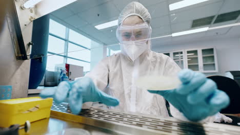 science, biohazard sample and person in laboratory