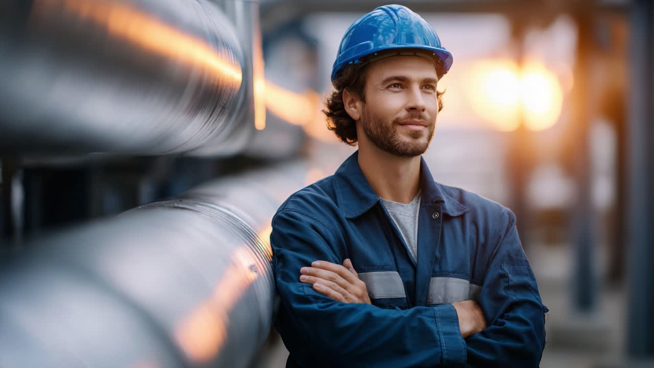 Confident industrial worker in safety gear embodies dedication and professionalism while overseeing intricate pipelines against a glowing sunset backdrop