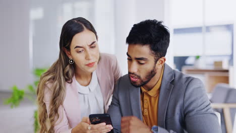 business people, phone and teamwork in office to