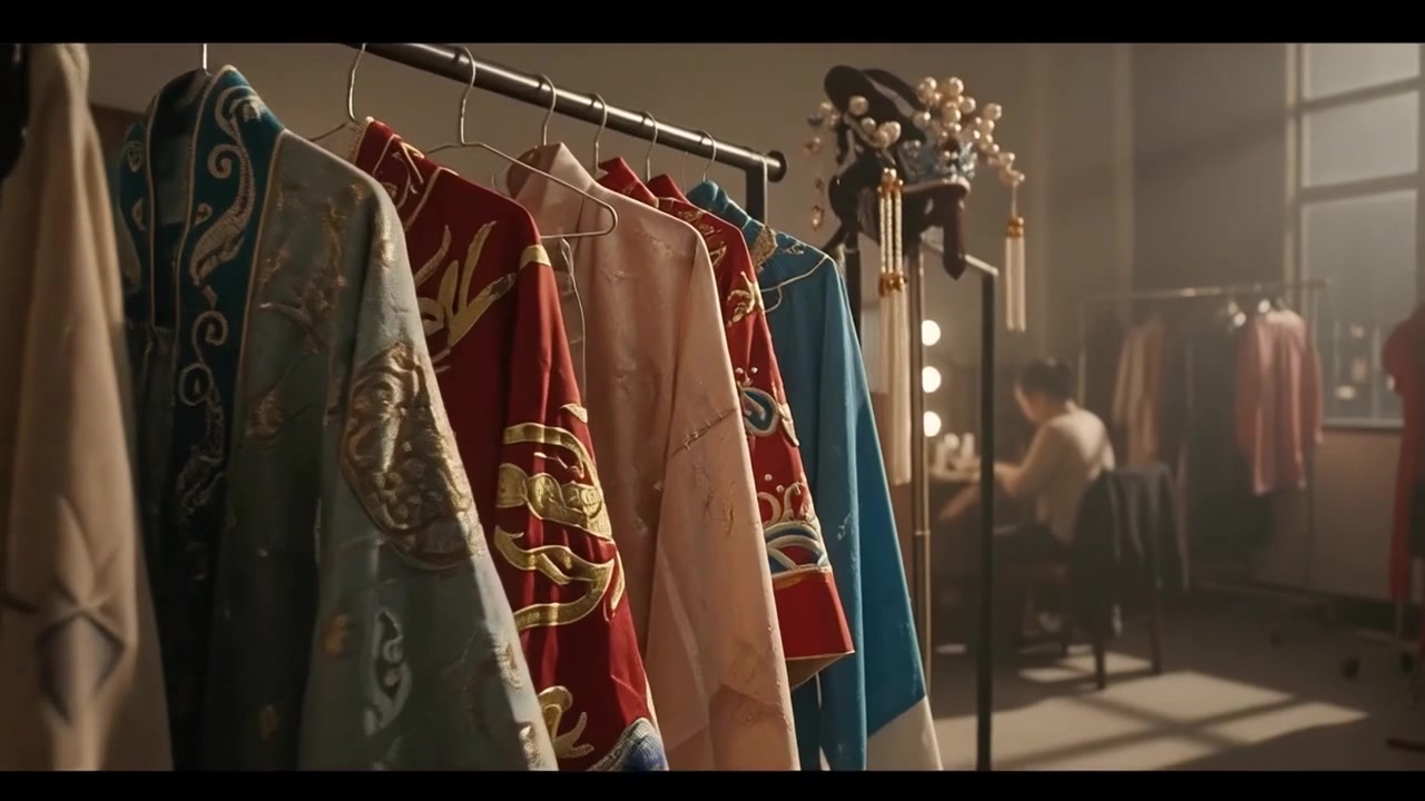 Traditional Chinese Opera Costumes Hanging on a Rack in a Dressing Room
