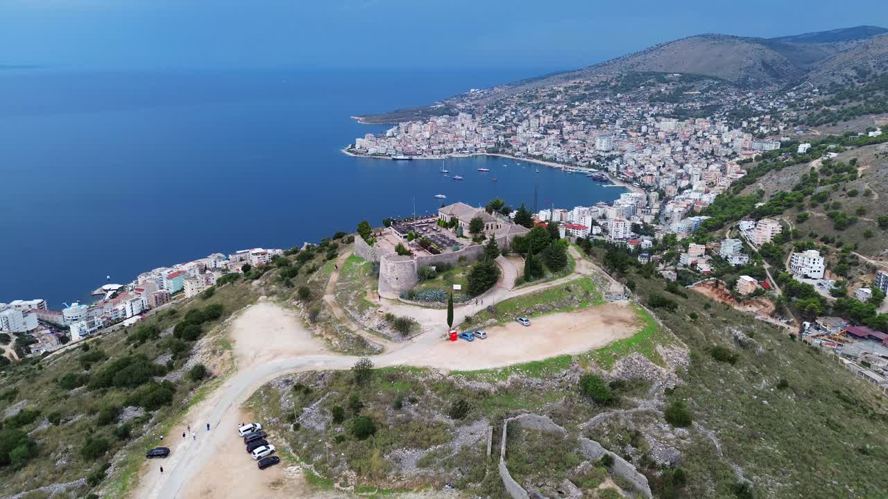Aerial View of a Coastal Castle and City