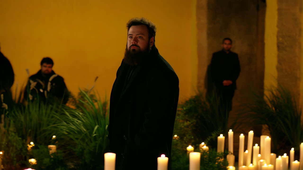 Man in a black coat surrounded by candles and guards