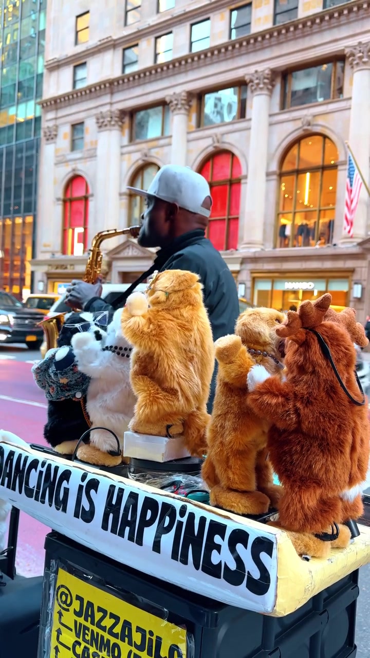 New York, USA, 5 ottobre 2025: Gruppo di giocattoli di peluche danzanti sul banchetto di un musicista di strada. Assortimento di animali di peluche a batteria, inclusi cani e orsi, su un banchetto etichettato "Ballare è Felicità"