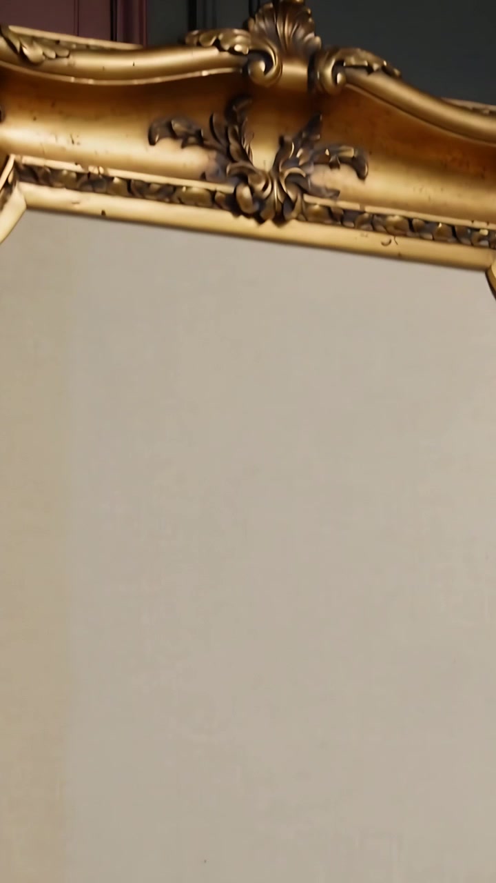 Video verticale: La telecamera si inclina verso il basso rivelando una cornice dorata con pannelli posteriori vuoti in un museo