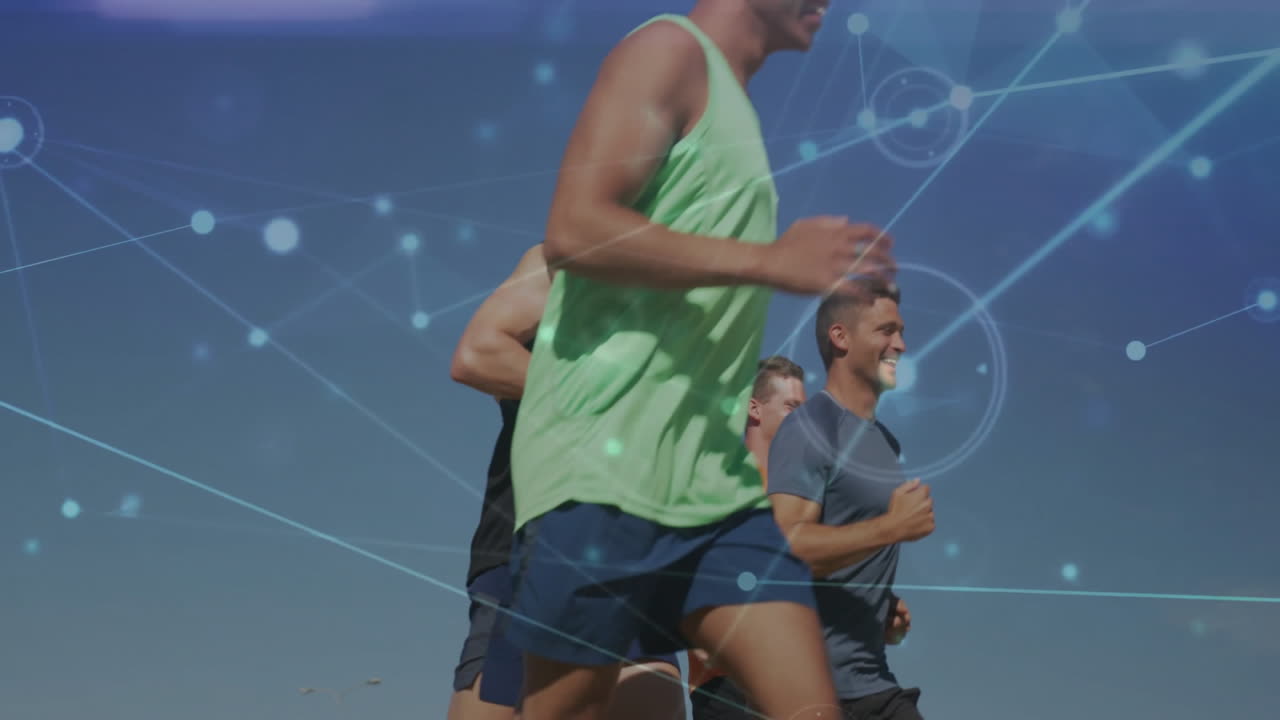 Jogging outdoors, people with network connections and data processing animation overlay