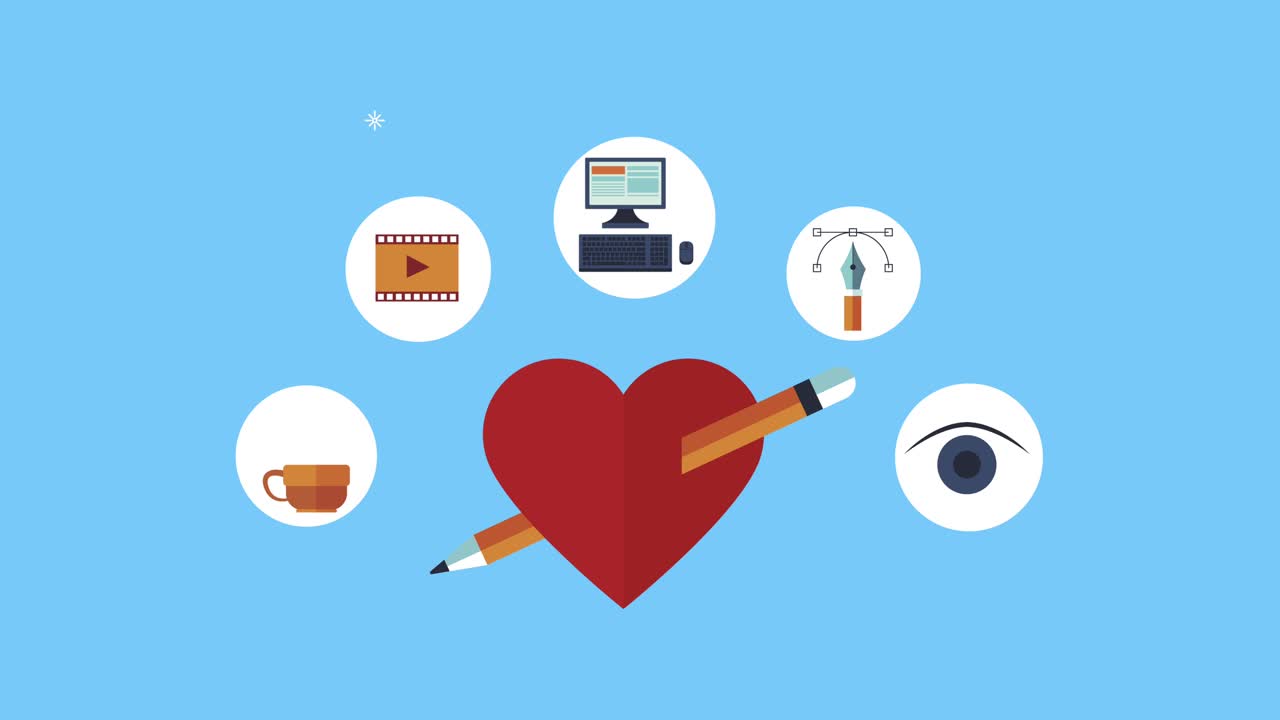 심장과 도구로 창조적 인 프로세스 애니메이션