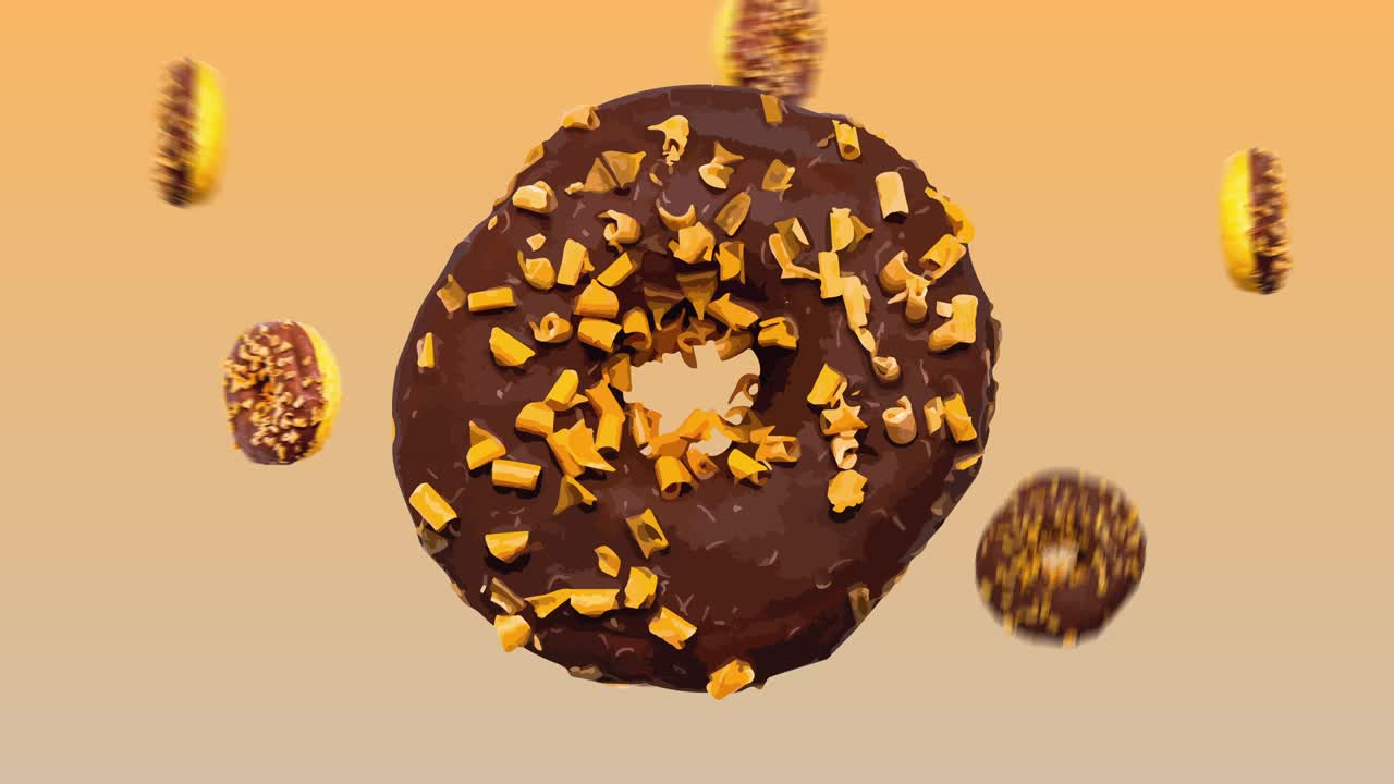 animación abstractamente colorida - rosquillas con chocolate y caramelo en fondo de gradiente amarillo - bucle sin costuras. estilo de arte pop de dibujos animados de rosquilla. diseño retro vintage. rosquilla con satélites de rosquillas